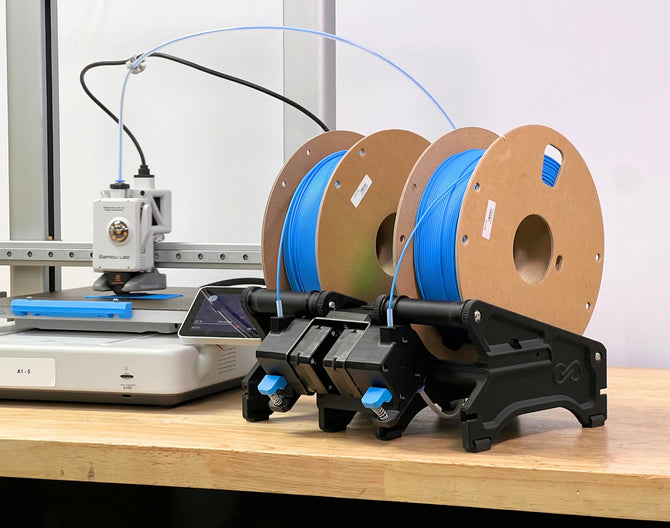 the s1 plus automatic filament reloader being used on a Babu A1 3d printer.