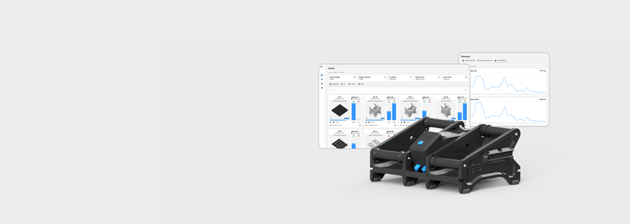 The infinity flow S1 plus in front of screen captures of FlowQ, a 3d printer automation and management software.